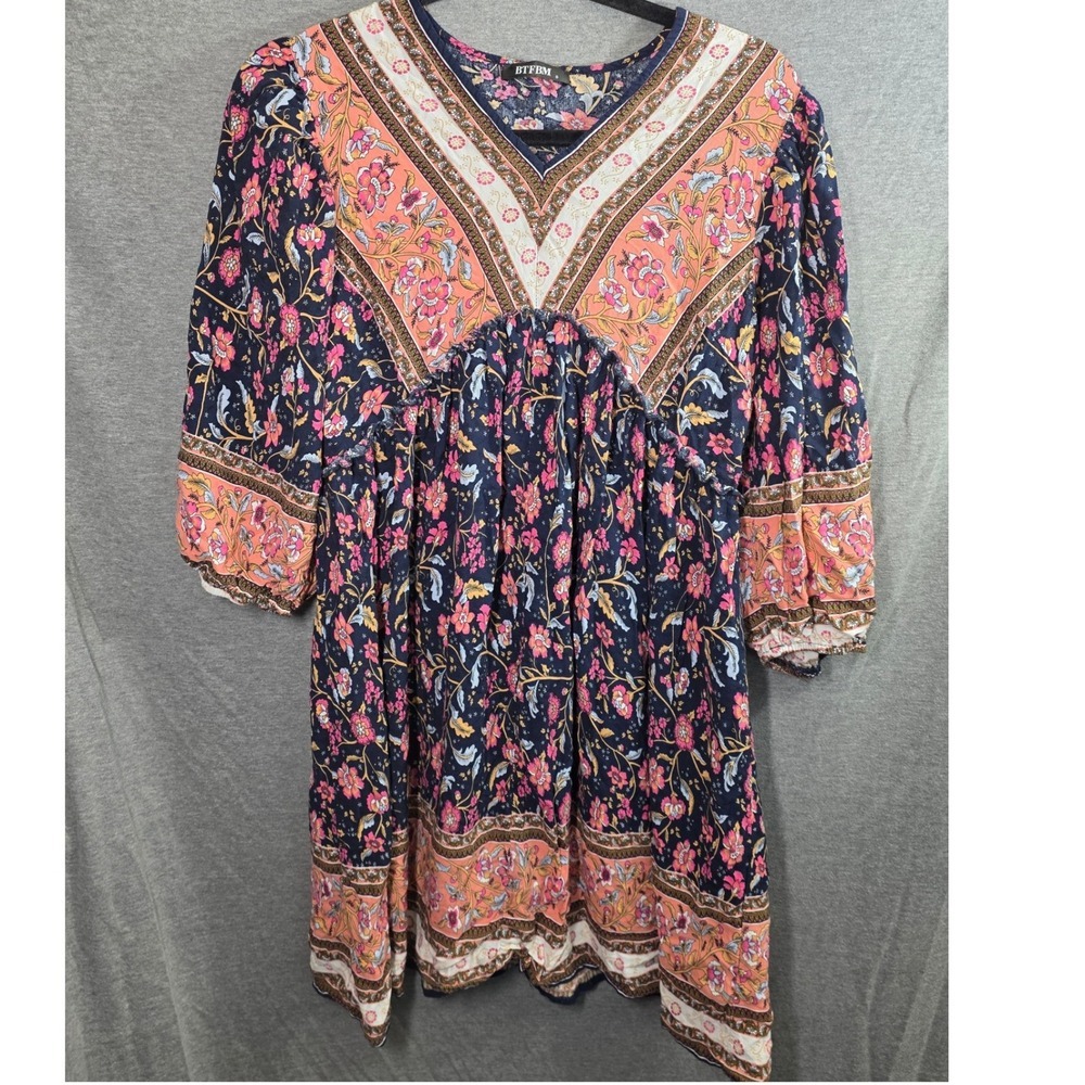 BTFBM Floral Babydoll Dress Small Sm S Blue Pink Boho Peasant V-Neck Cottagecore